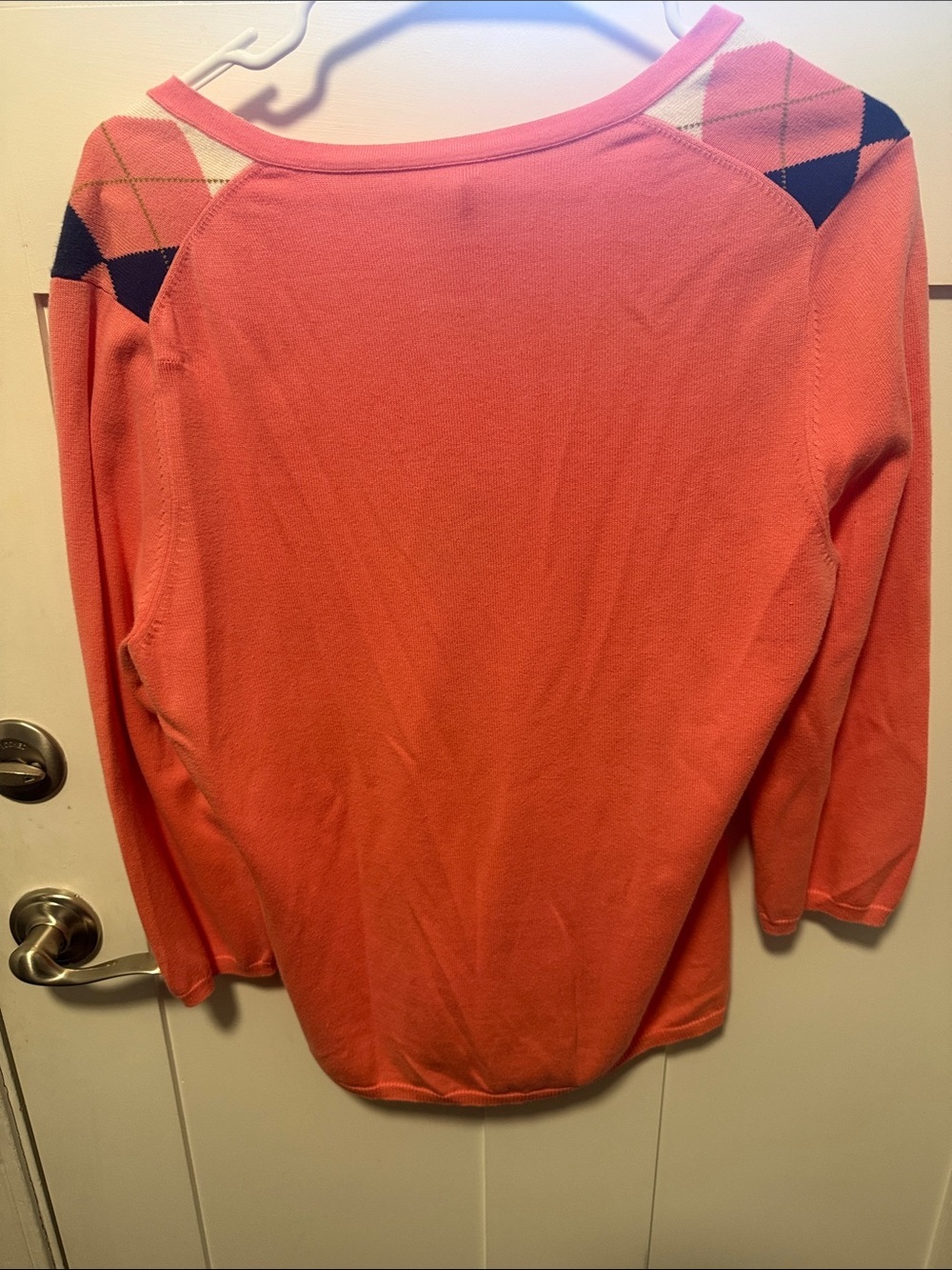 J. Crew Coral and Navy Argyle V-Neck Sweater - Picture 5 of 6